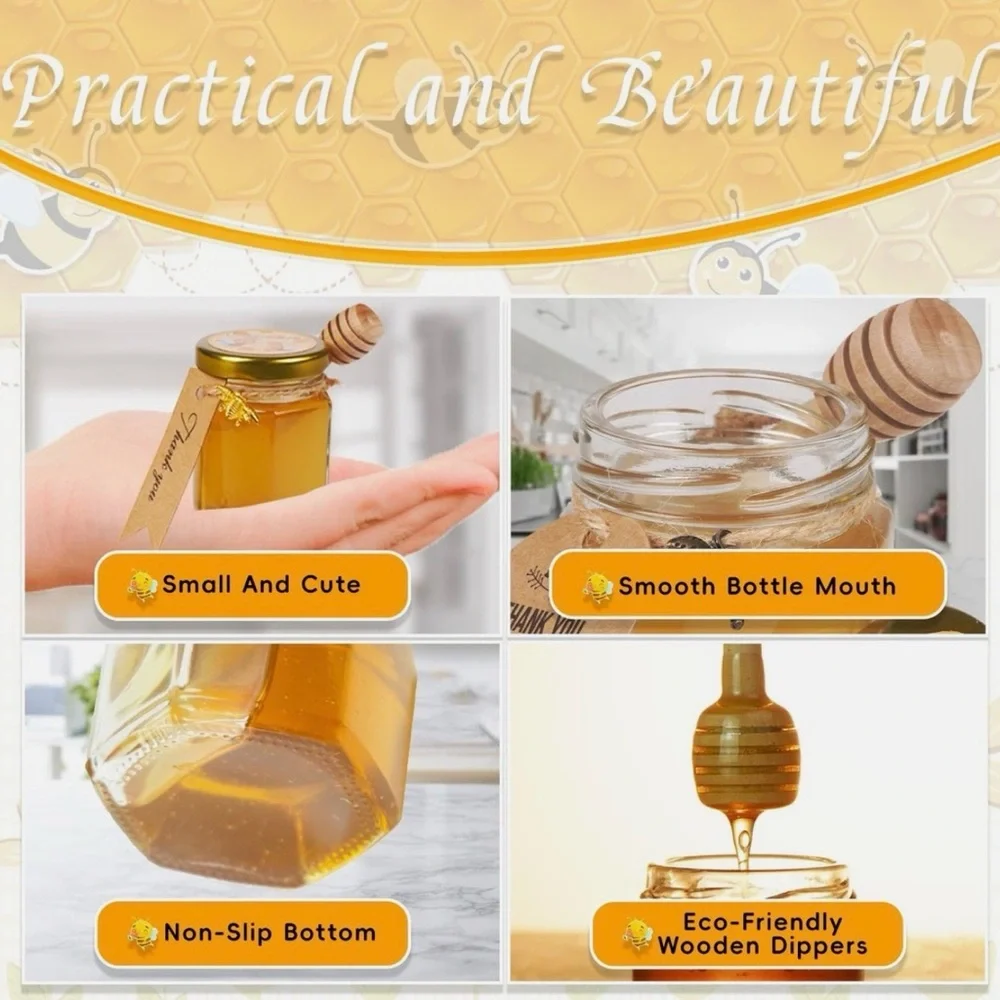 10 Pack Bee Happy Honey Jar Set‎ with Dippers, charms & Decorative bag